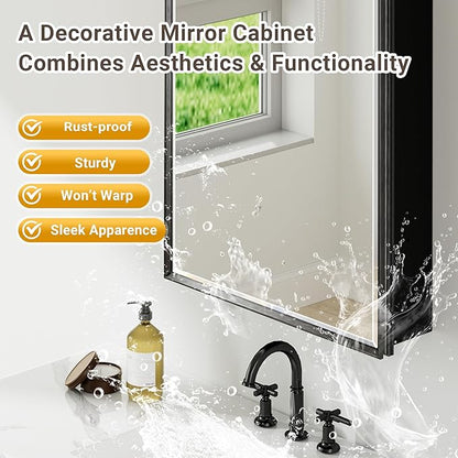 40x30 Pre-Assembled Black Medicine Cabinet with Mirror, Surface or Recessed Medicine Cabinet Mirror for Bathroom, Aluminum Beveled Frame Bathroom Vanity Mirror with Adjustable Shelves Storage