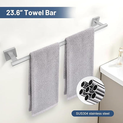 TURS Brushed Nickel 5-Pieces Bathroom Hardware Set SUS304 Stainless Steel Towel Bar Set Wall Mounted 23.6 Inch Towel Racks for Bathroom Squared