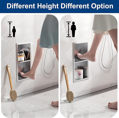 Shower Foot Rest for Shaving Legs, 304 Stainless Steel Footrest Niche With Holder, Recessed Shower Niche, Brushed Nickel, 5.9" X 12.3"