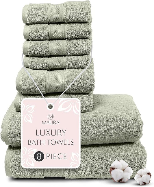 MAURA Sage Green Bath Towel Set of 8 for Bathroom. Turkish Cotton Luxury Bath Towels. Extra Large, Thick, Plush & Soft. Hotel & Spa Quality - Sage Green