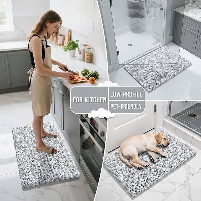 Yimobra Large Bathroom Rugs Non Slip Washable 36x24 Inch - Ultra Soft Absorbent Chenille Bath Mat, Quick Dry Shaggy Floor Carpet for Tub Shower, Silver Home Decor Accessories