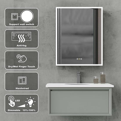 Black Medicine Cabinets for Bathroom with Mirror, 24”W x 30”H Surface Wall Mounted LED Medicine Cabinet with Lights, Defogger, Dimmer, Outlets & USB, Left Hinge