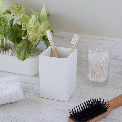 Matte White Toothbrush and Toothpaste Holder for Bathroom Vanity and Countertop, Square Organizer for Electric Toothbrushes, Floss, Razors, Cotton, and Mouthwash