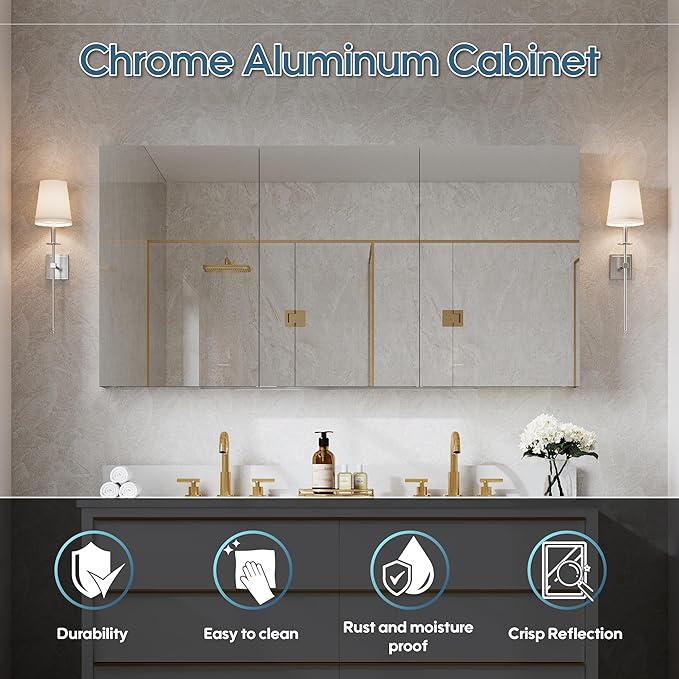 WELLFOR 60" x 30" Bathroom Medicine Cabinet, Anodized Chrome Aluminum Frame, Medicine Cabinet with Adjustable Glass Shelves, Bathroom Mirror Cabinet, Surface or Recessed Mount, Three Doors
