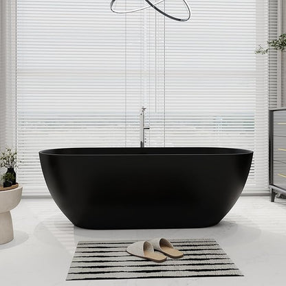 SJ STAR&JANE 69" Solid Surface Freestanding Bathtub Oval Stone Resin Soaking Tub Modern Stand Alone Tub with Overflow & Pop-up Drain, Matte Black for Bathrooms