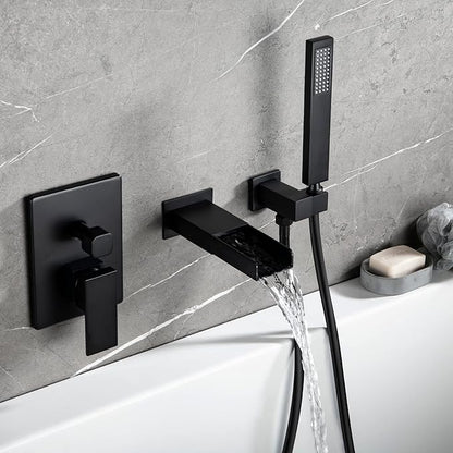 TapLong Matte Black Wall Mount Tub Filler Faucet Set with Hand Held Shower, Modern Bathtub Faucet with Waterfall Tub Spout Solid Brass Single Handle Shower Faucet Set with High Flow Rough in Valve