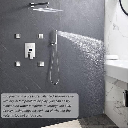 Rain Shower System Polished Chrome 3 Way Digital Display Shower Faucet System 12 Inch Ultra Thin Full Body Shower Head System with Handheld Shower and 4 PCS Body Jets