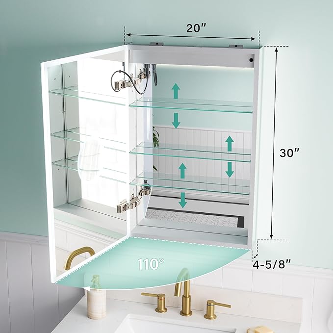 WELLFOR 20" X 30" Medicine Cabinet with Lights, 3X Magnification, Anti-Fog Mirrored Cabinet, Bathroom Vanity Medicine Cabinet with Outlets & USB Ports, Left Opening Door