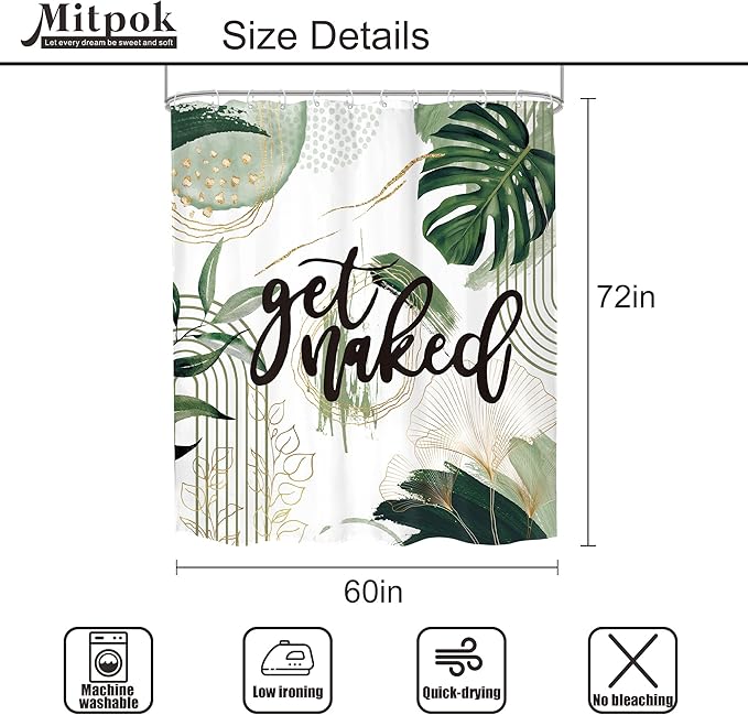 Green Boho Shower Curtain 60Wx72H Bohemian Sage Green Golden Leaves Get Naked Abstract Mid Century Modern Plant Botanical Bathroom Decor Minimalist Bath Curtain Fabric Polyester 12 Pack Hooks