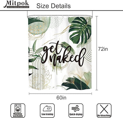Green Boho Shower Curtain 60Wx72H Bohemian Sage Green Golden Leaves Get Naked Abstract Mid Century Modern Plant Botanical Bathroom Decor Minimalist Bath Curtain Fabric Polyester 12 Pack Hooks