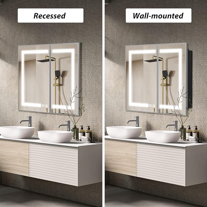 APRILSOUL 36X30 Inch Silver Bathroom Medicine Cabinet with Mirror, Recessed or Surface Lighted Medicine Cabinet with 3 Colors Temperature, Dimmable Light