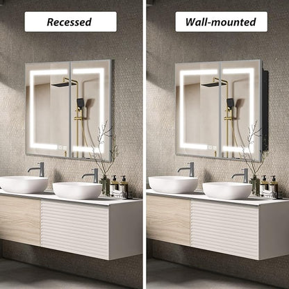 APRILSOUL 36X30 Inch Silver Bathroom Medicine Cabinet with Mirror, Recessed or Surface Lighted Medicine Cabinet with 3 Colors Temperature, Dimmable Light