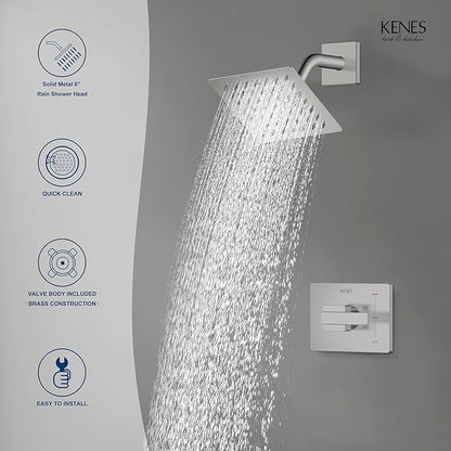 KENES Brushed Nickel 6-Inch Shower Head and Handle Set, Square Shower Faucet Set Bathroom Rainfall Shower System Wall Mount, KE-6025B (Shower Valve Included)