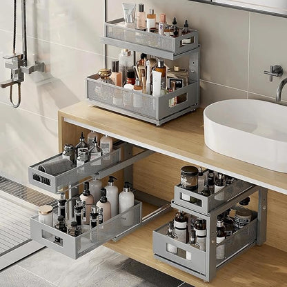 2 Pack 15.74IN-Depth Under Sink Organizer With Next-Gen Ball-Bearing Slides,2-Tier Pull Out Cabinet Storage,Height Adjustable Drawer Shelf for Bathroom,Kitchen,Laundry,Cabinet,Pantry-Gun Gray