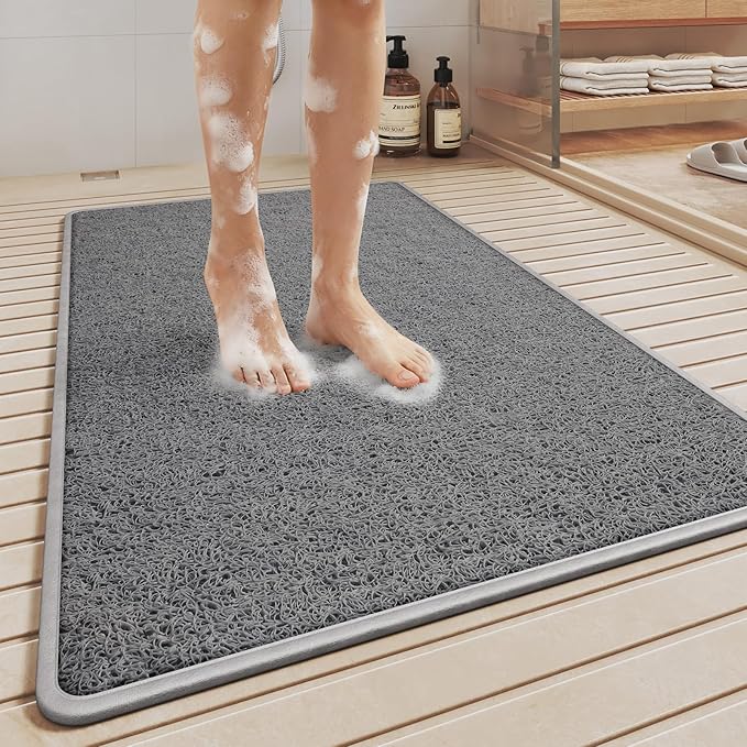 Non Slip Shower Mat Bathtub Mat 20x32 Inch, Quick Dry Bath Mat with Drain, Soft PVC Imitation Loofah Foot Scrubber Bath Mats for Bathroom Tub Shower Floor, Hangable & Hook Included, Gray