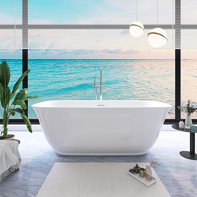 67" Free Standing Tub, Pure Acrylic Freestanding Bathtub, Stylish Stand Alone Contemporary Deep Soaking Bath Tub, cUPC Certified SY6270 (Glossy White)