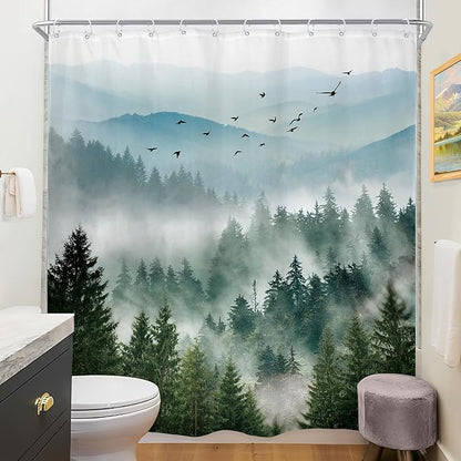 Riyidecor Green Mountain Shower Curtain 72Wx84H Inch Extra Long Nature Scenery Foggy Pine Tree Scenic Landscape Woodland Rustic Mens Bathroom Decor Fabric Polyester Waterproof 12 Pack Hooks