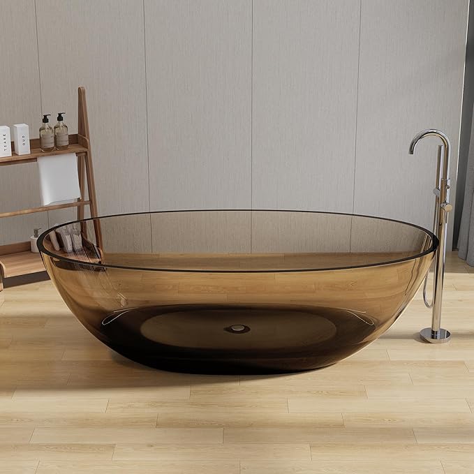 Stone Resin Freestanding Bathtub 71", Elegant Oval Shape Soaking Tub, Solid Surface Stand Alone Bathtub with Drain & Integrated Slotted Overflow Transparent Sepia AMFS303-1800 SEPIA
