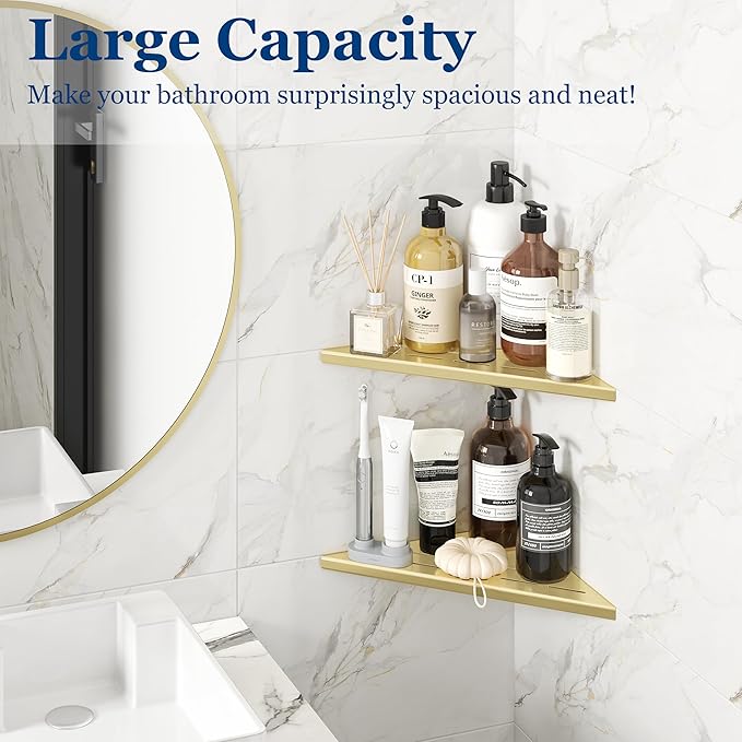 Corner Shower Shelves, 10” Recessed Tile Shower Shelf, 304 Stainless Steel Grout in Corner Tile Shower Shelves, No Drilling, Brushed Golden, 2 Pack