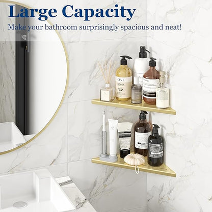 Corner Shower Shelves, 10” Recessed Tile Shower Shelf, 304 Stainless Steel Grout in Corner Tile Shower Shelves, No Drilling, Brushed Golden, 2 Pack