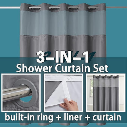 Conbo Mio Extra Long No Hook Shower Curtain with Snap in Liner Set, Hotel Luxury Grey Fabric Shower Curtains for Bathroom with See Through Top Window, Washable, Waterproof 71W x 84H