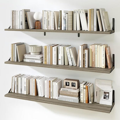 Fun Memories Extra Long Floating Wall Shelves, 48 x 8 Inches, Set of 3 Large Wood Floating Bookshelves with Metal Brackets for Storage & Display (Grey)