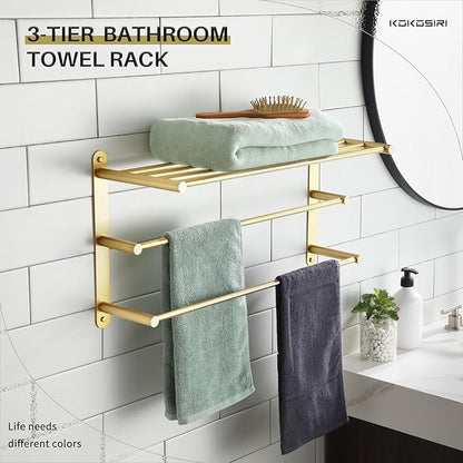 KOKOSIRI 3 Tier Bath Towel Rack 24 Inch Wall Mounted Rack with Towel Bars Towel Shelf with Single Towel Bar Bathroom Ladder Brushed Gold B5003BG