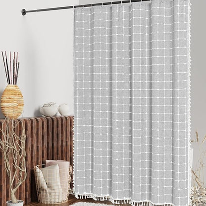 MitoVilla Grey Boho Extra Long Shower Curtain 72 x 84, Light Grey Modern Farmhouse 84 inch XL Polyester Linen Texture Tassel Fabric Shower Curtain Set with Hooks for Cottagecore Country Bathroom Decor