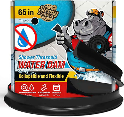 Shower Threshold Water Dam Barrier 65" - Black Collapsible Shower Water Blocker - Guard for Walk in Shower - Water Guard Stopper for Floor - Shower Door Water Blocker by Hippo Dam