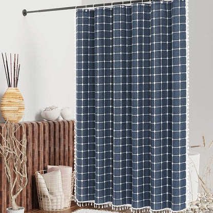 MitoVilla 72 x 84 Navy Blue Boho Extra Long Shower Curtain, Farmhouse 84 inch XL Polyester Linen Texture Tassel Fabric Shower Curtain Set with Hooks for Cottagecore Country Bathroom Decor