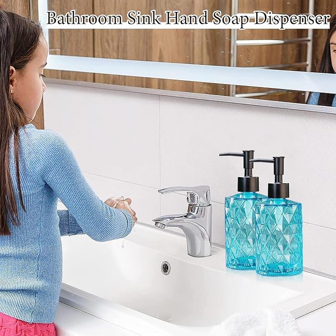 Clear Ocean Blue Glass Soap Dispenser with Plastic Pump, 2 Pack 12oz Diamond Design Bathroom Soap Dispenser for Hand Wash, Lotion Dispenser & Dish Soap Dispenser for Kitchen and Bathroom