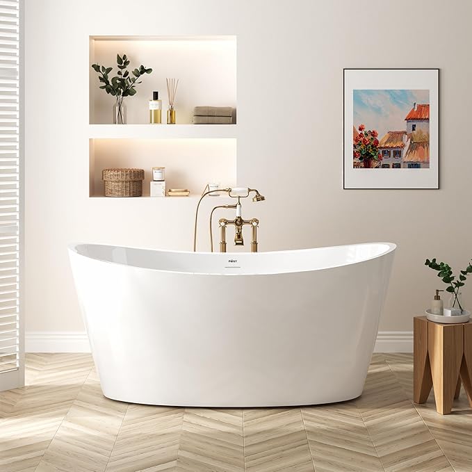FerdY Naha Elite 59" Acrylic Freestanding Bathtub, Curve Edge Freestanding Soaking Bathtub, Glossy White, cUPC Certified, Brushed Nickel Drain & Minimalist Linear Design Overflow Included, 02588