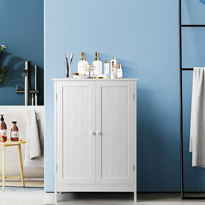Tangkula Bathroom Floor Cabinet, Freestanding Storage Cabinet with Double Doors and Shelf, Modern Home Furniture, Wooden Home Organizer for Living Room, Bathroom Cabinet, White