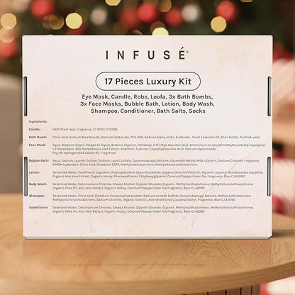 17-Piece Luxury Gift Set with Robe | Complete INFUSÉ White Tea & Coconut Bath Collection | Self-Care Kit with Bath Bombs, Face Masks & Hair Care | Bridesmaid, Mom, Wife, Grandma or Loved Ones