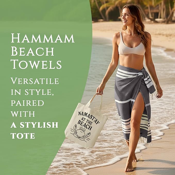 Turkish Cotton Beach Towel Pack of 4 & 1 Boho Tote Bag - Hammam Towels - No Shrink - Quick Dry - Lightweight - Sand Free - Camping - Pool - Tanning - Beach Essentials - Gray (40"x70")