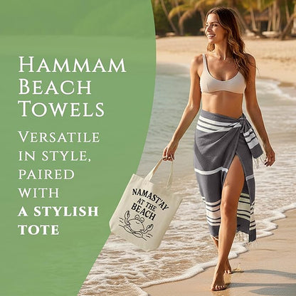 Turkish Cotton Beach Towel Pack of 6 & 1 Boho Tote Bag - Hammam Towels - No Shrink - Quick Dry - Lightweight - Sand Free - Camping - Pool - Tanning - Beach Essentials - Gray (40"x70")