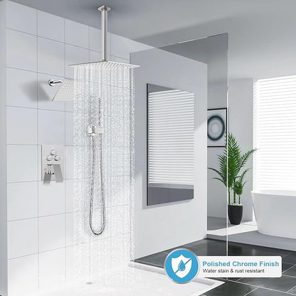 Shower Faucet Set Polished Chrome Shower System, Ceiling Mount 12 Inch Shower Head With Wall Mount 6 Inch Shower Head and 2 in 1 Handheld Spray, Push Button Diverter Shower Valve Trim Kit