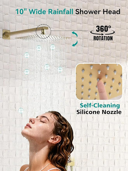 Lefton Shower System in Fahrenheit Display (Battery-free), 10” Overhead Shower Head with All-in-one Handheld Spray Showerhead and Bathtub Faucet, 4-in-1 Control System, SSWM2502 (Brushed Gold)