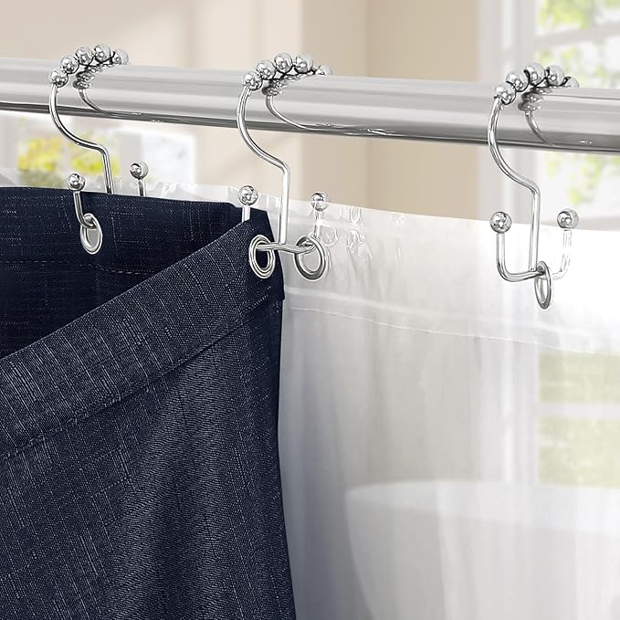 MitoVilla 3 in 1 Shower Curtain Set, Navy Blue Boho Farmhouse Linen Textured Bath Curtain and Clear PEVA Liner Set with 12 Double Sided Steel Hooks, Waterproof Fabric Hotel Bathroom Curtain - 72x72
