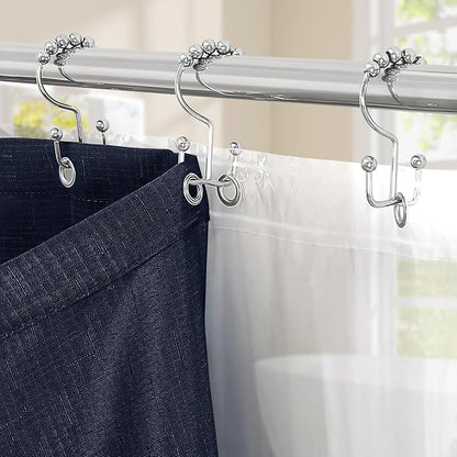 MitoVilla 3 in 1 Shower Curtain Set, Navy Blue Boho Farmhouse Linen Textured Bath Curtain and Clear PEVA Liner Set with 12 Double Sided Steel Hooks, Waterproof Fabric Hotel Bathroom Curtain - 72x72