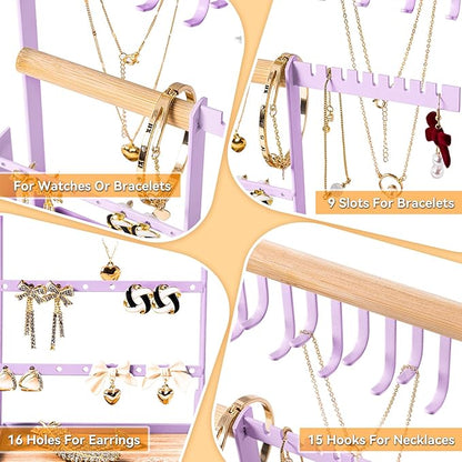 DreamGenius Jewelry Organizer Stand with Velvet Ring Holder, 4 Tier Jewelry Holder Organizer with 15 Hooks for Necklaces and 16 Holes for Earrings, Purple