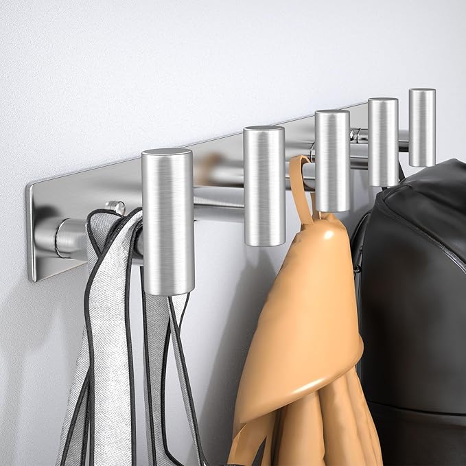 Wall Mounted Coat Rack-5 Hooks, Heavy Duty Stainless Steel Wall Hooks for Towel Coat Bag, Hat Rack Coat Hanger Coat Hooks Towel Racks for Bathroom Entryway Kitchen Hotel (Silvery, 1 Pack)