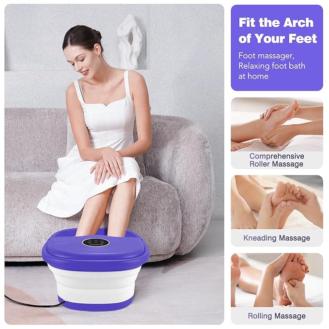 KNQZE Collapsible Foot Spa with Heat, Remote Control, Temperature Control, Bubbles, Pumice Stone, Red Light, Timer, 16 Massage Roller Pedicure Foot Bath Tub Foot Soaker for Feet Stress Relief, Purple