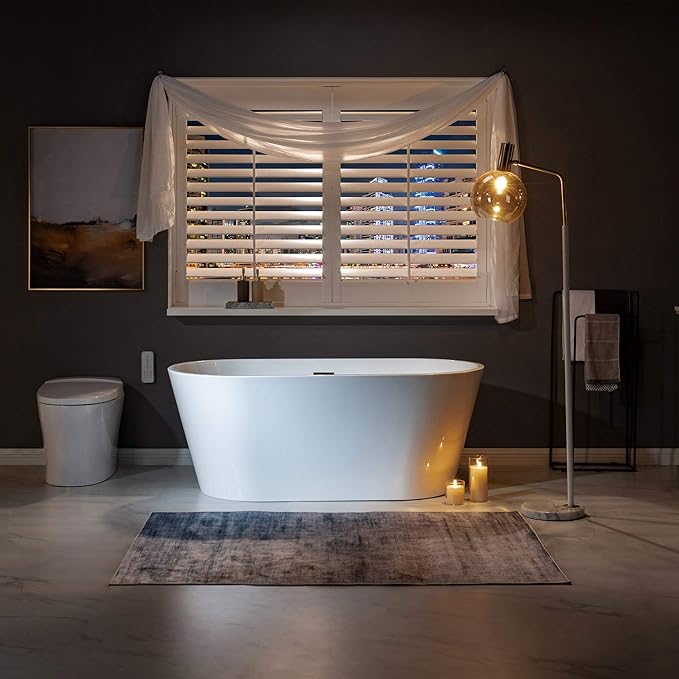 WOODBRIDGE 59" Acrylic Freestanding Bathtub Contemporary Soaking Tub, White Acrylic (Oil Rubbed Bronze Drain/Overflow),B0014 ORB Drain &O