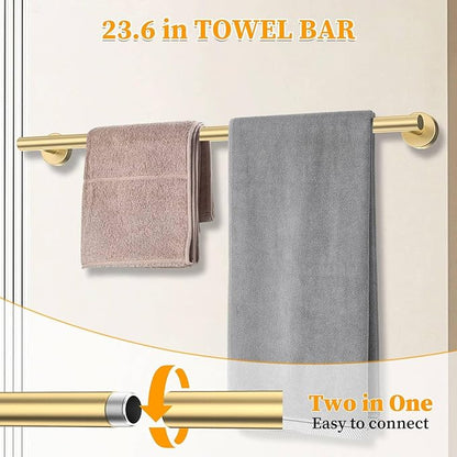 Brushed Gold Towel Bar Set 10 Pieces Round Bathroom Hardware Set Includes 23.6in Towel Bar Towel Ring Toilet Paper Holder Towel Hooks Stainless Steel Wall-Mounted Bathroom Towel Holder Set