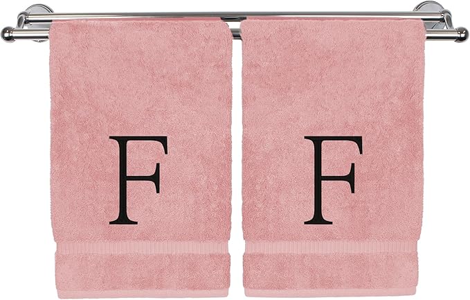 Monogrammed Hand Towel, Personalized Initial Gift, Extra Absorbent 100% Turkish Cotton - Soft Terry Finish - Set of 2 - Black Block Initial F - Embroidered on Pink Towels