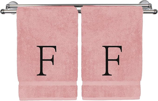 Monogrammed Hand Towel, Personalized Initial Gift, Extra Absorbent 100% Turkish Cotton - Soft Terry Finish - Set of 2 - Black Block Initial F - Embroidered on Pink Towels