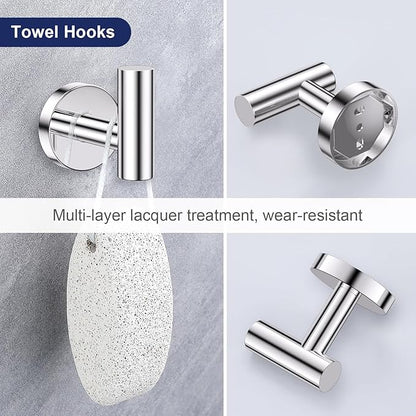 Lairuier Polished Chrome Bathroom Hardware Set, 10-Piece Towel Bar Set SUS304 Stainless Steel Bathroom Hardware Accessories Set Round Towel Holder Set Wall Mounted