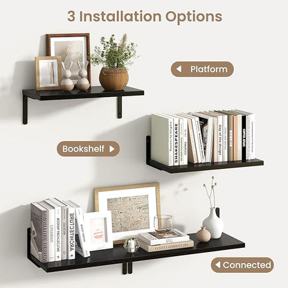 Fun Memories Deep Floating Shelves, 16W x 8D Floating Shelves Set of 2, Wall Mounted Shelf with Metal Brackets, Rustic Wood Wall Shelf for Bathroom, Kitchen and Living Room, Black