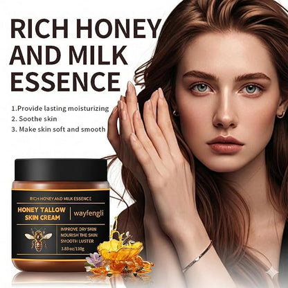 Whipped Beef Tallow & Honey Balm - Natural Face Moisturizer & Body Cream with Milk Essence - Deep Nourishing Skin Care for Dry, Sensitive Skin, Eczema Prone Areas & Baby (3.88 oz)